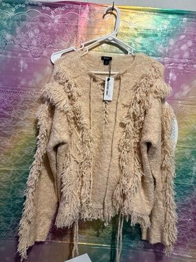 Nasty Gal Beige Fringe Bouclé Open-Front Cardigan